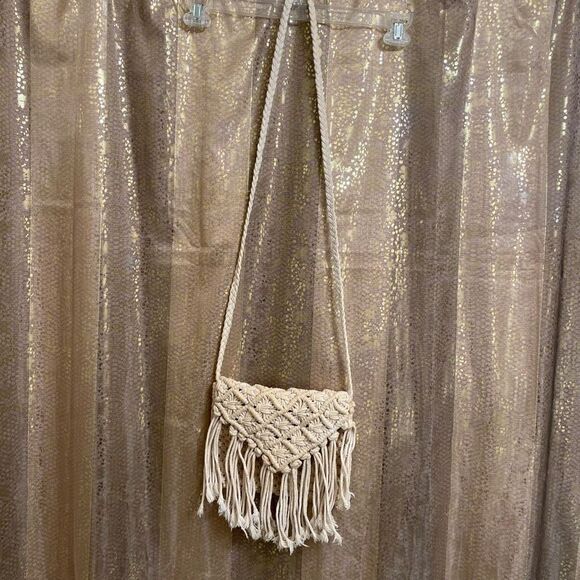 World Market Ivory Macramé Tassel Fringe Boho Crossbody Purse - Picture 1 of 6